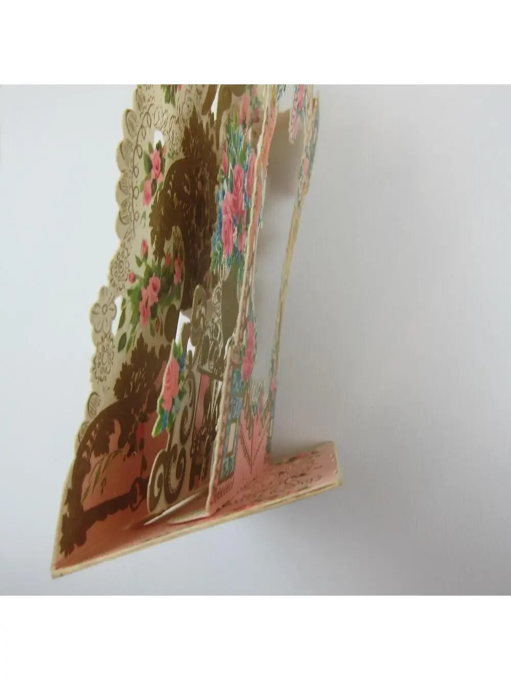 Vintage Valentine Card 3D Pop Up Die Cut Blonde Boy Angels Pink Blue Flower Gold